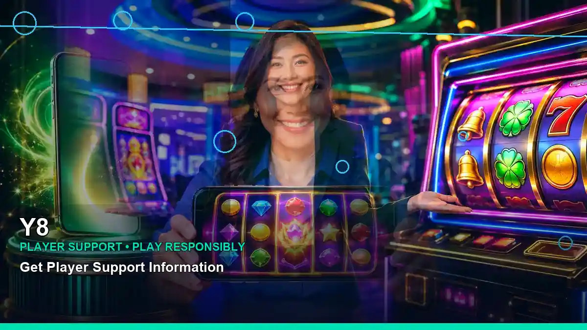 Y8 guide to online slot-style games featuring an adult female host, shown in a right-side close-up composition